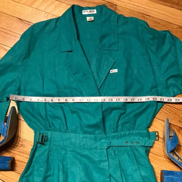 ✈️Nok Nok Vintage Ramie Teal Bodice wrap Overlay shirtdress Shift Sheath Pencil - Picture 10 of 16